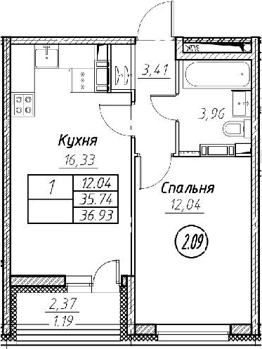 2-комнатная 38 м<sup>2</sup> на 2 этаже 2-комнатная 38 м<sup>2</sup> на 2 этаже
