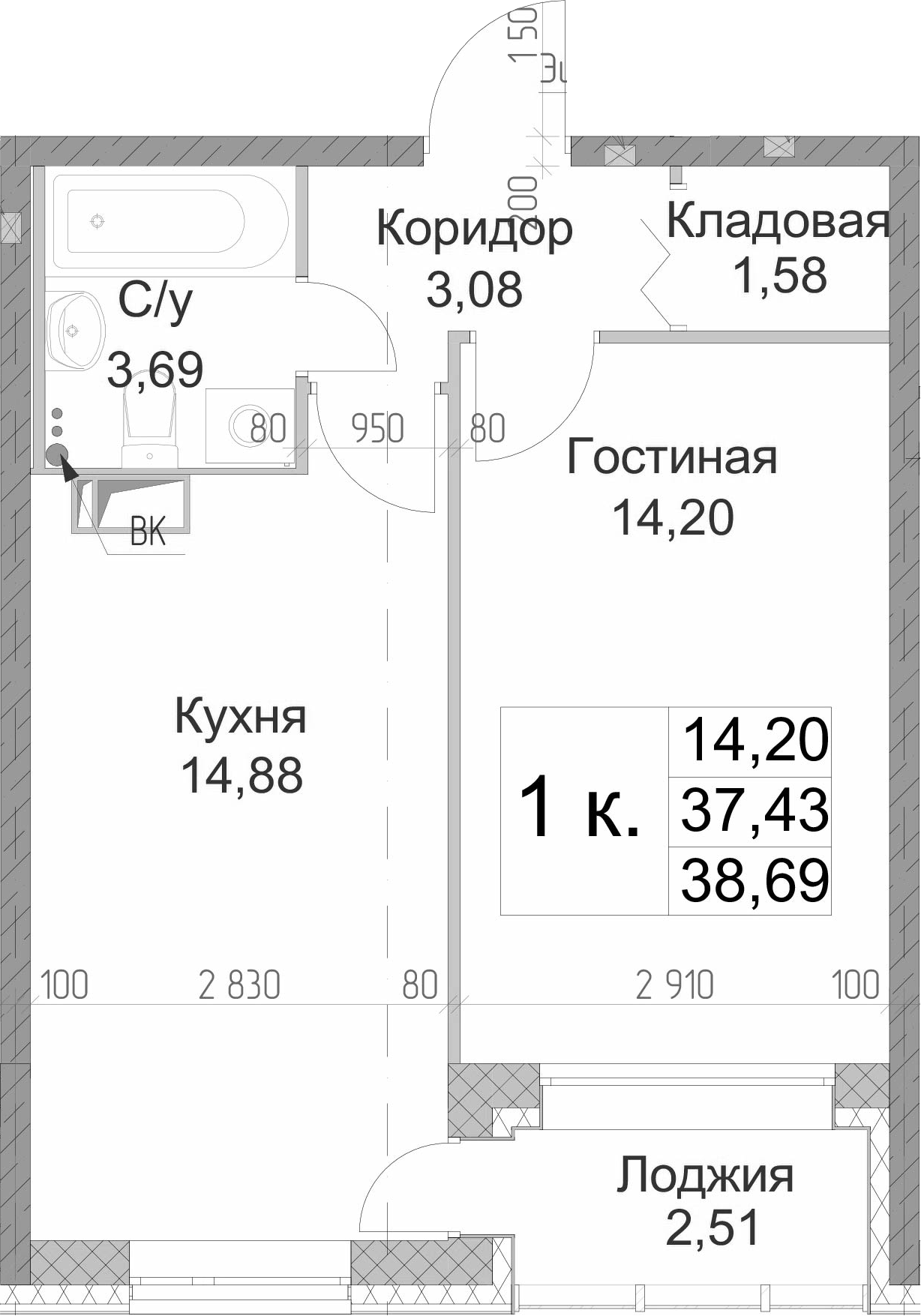 1-комнатная 39 м<sup>2</sup> на 1 этаже 1-комнатная 39 м<sup>2</sup> на 1 этаже