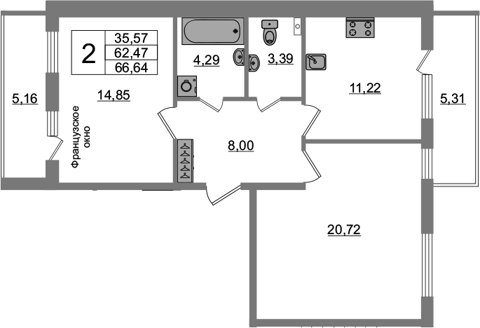 2-комнатная 72 м<sup>2</sup> на 3 этаже 2-комнатная 72 м<sup>2</sup> на 3 этаже