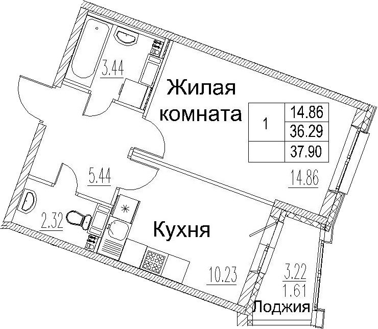 1-комнатная 39 м<sup>2</sup> на 3 этаже 1-комнатная 39 м<sup>2</sup> на 3 этаже