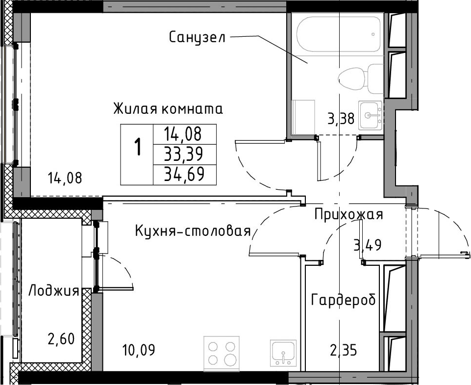 1-комнатная 35 м<sup>2</sup> на 5 этаже 1-комнатная 35 м<sup>2</sup> на 5 этаже