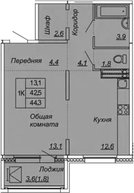 1-комнатная 46 м<sup>2</sup> на 9 этаже 1-комнатная 46 м<sup>2</sup> на 9 этаже