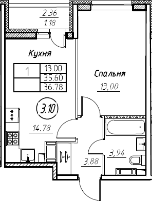 1-комнатная 37 м<sup>2</sup> на 17 этаже 1-комнатная 37 м<sup>2</sup> на 17 этаже