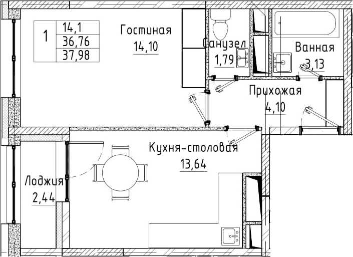 1-комнатная 39 м<sup>2</sup> на 3 этаже 1-комнатная 39 м<sup>2</sup> на 3 этаже
