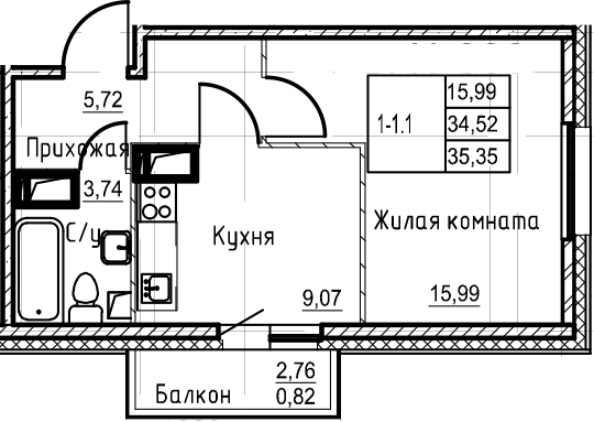 1-комнатная 37 м<sup>2</sup> на 20 этаже 1-комнатная 37 м<sup>2</sup> на 20 этаже