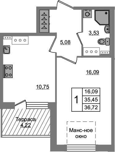 1-комнатная 39 м<sup>2</sup> на 5 этаже 1-комнатная 39 м<sup>2</sup> на 5 этаже