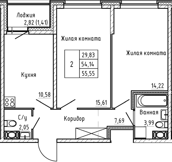 2-комнатная 56 м<sup>2</sup> на 5 этаже 2-комнатная 56 м<sup>2</sup> на 5 этаже