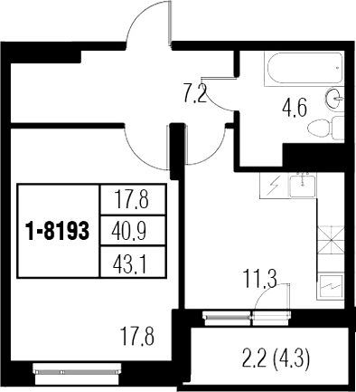 1-комнатная 45 м<sup>2</sup> на 19 этаже 1-комнатная 45 м<sup>2</sup> на 19 этаже