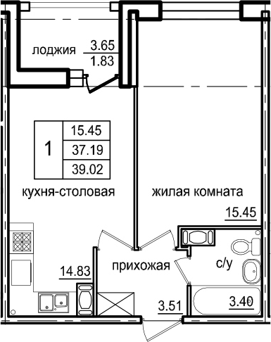 1-комнатная 40 м<sup>2</sup> на 7 этаже 1-комнатная 40 м<sup>2</sup> на 7 этаже
