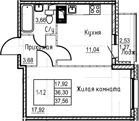 1-комнатная 38 м<sup>2</sup> на 17 этаже 1-комнатная 38 м<sup>2</sup> на 17 этаже