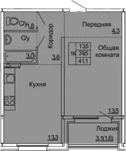 1-комнатная 42 м<sup>2</sup> на 2 этаже 1-комнатная 42 м<sup>2</sup> на 2 этаже