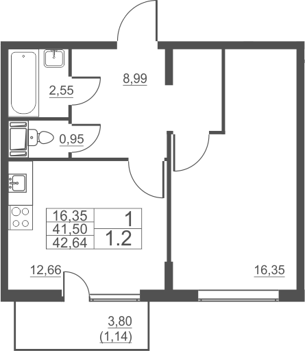 1-комнатная 45 м<sup>2</sup> на 3 этаже 1-комнатная 45 м<sup>2</sup> на 3 этаже