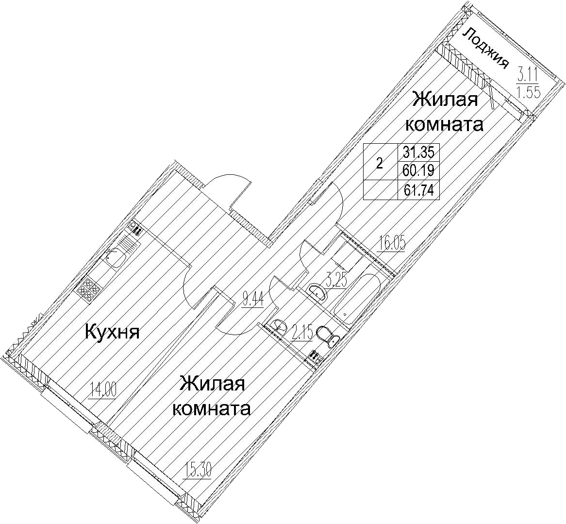 2-комнатная 63 м<sup>2</sup> на 2 этаже 2-комнатная 63 м<sup>2</sup> на 2 этаже