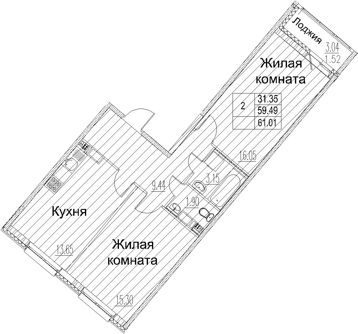 2-комнатная 62 м<sup>2</sup> на 3 этаже 2-комнатная 62 м<sup>2</sup> на 3 этаже
