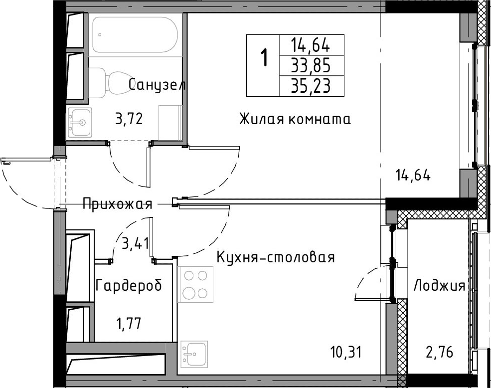 1-комнатная 36 м<sup>2</sup> на 5 этаже 1-комнатная 36 м<sup>2</sup> на 5 этаже
