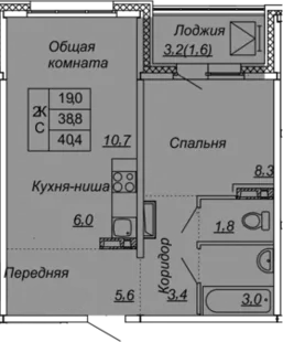 2-комнатная 42 м<sup>2</sup> на 3 этаже 2-комнатная 42 м<sup>2</sup> на 3 этаже