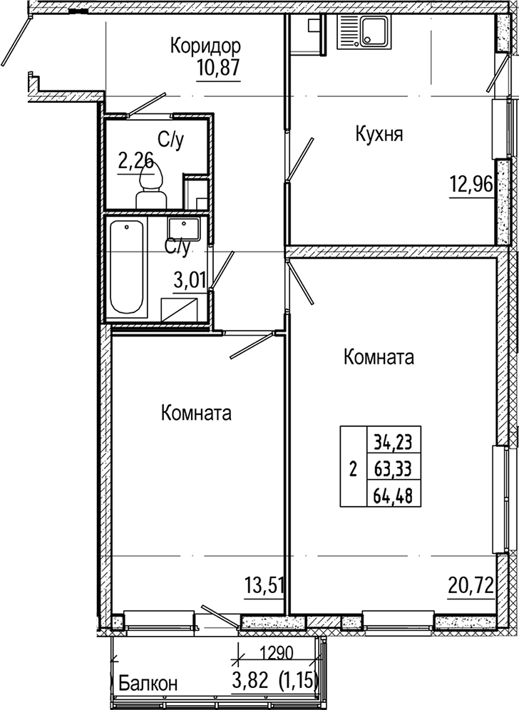 2-комнатная 67 м<sup>2</sup> на 2 этаже 2-комнатная 67 м<sup>2</sup> на 2 этаже
