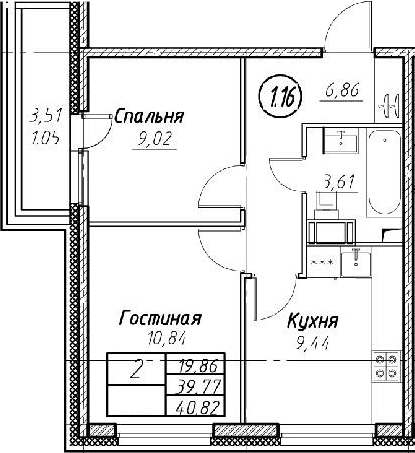 2-комнатная 43 м<sup>2</sup> на 4 этаже 2-комнатная 43 м<sup>2</sup> на 4 этаже