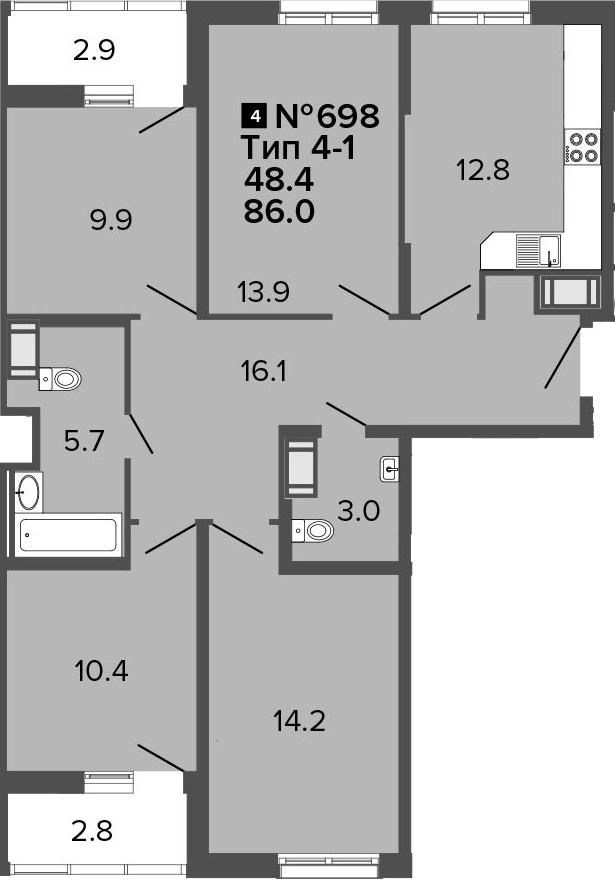 4-комнатная 91 м<sup>2</sup> на 4 этаже 4-комнатная 91 м<sup>2</sup> на 4 этаже