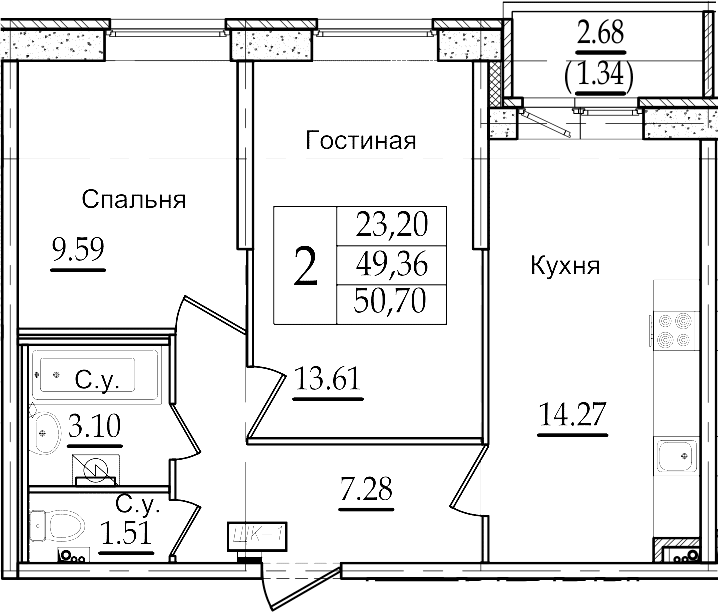 2-комнатная 52 м<sup>2</sup> на 2 этаже 2-комнатная 52 м<sup>2</sup> на 2 этаже