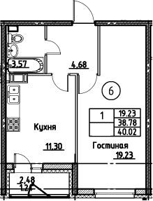 1-комнатная 41 м<sup>2</sup> на 3 этаже 1-комнатная 41 м<sup>2</sup> на 3 этаже