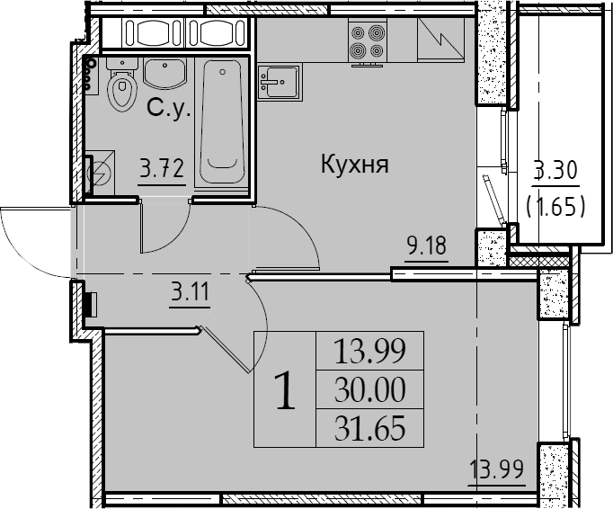 1-комнатная 33 м<sup>2</sup> на 10 этаже 1-комнатная 33 м<sup>2</sup> на 10 этаже