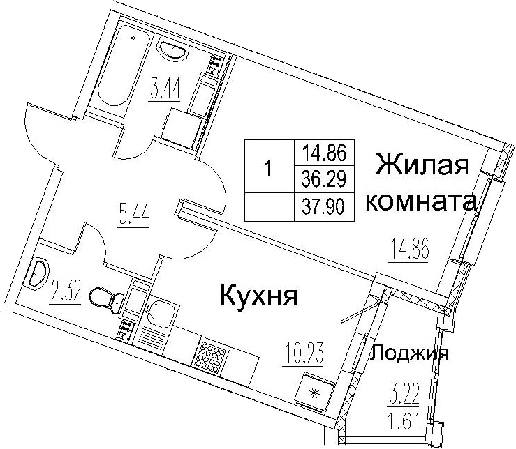 1-комнатная 39 м<sup>2</sup> на 5 этаже 1-комнатная 39 м<sup>2</sup> на 5 этаже