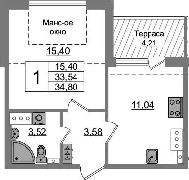 1-комнатная 37 м<sup>2</sup> на 5 этаже 1-комнатная 37 м<sup>2</sup> на 5 этаже