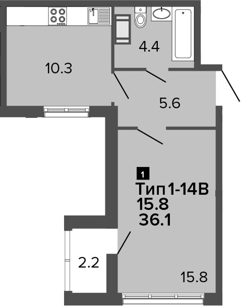 1-комнатная 38 м<sup>2</sup> на 10 этаже 1-комнатная 38 м<sup>2</sup> на 10 этаже