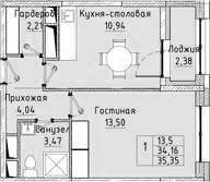 1-комнатная 36 м<sup>2</sup> на 13 этаже 1-комнатная 36 м<sup>2</sup> на 13 этаже