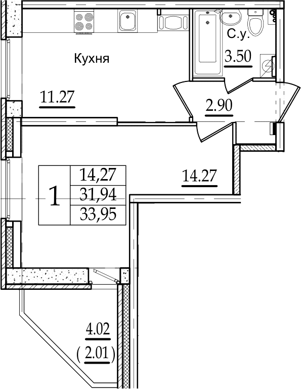 1-комнатная 35 м<sup>2</sup> на 2 этаже 1-комнатная 35 м<sup>2</sup> на 2 этаже