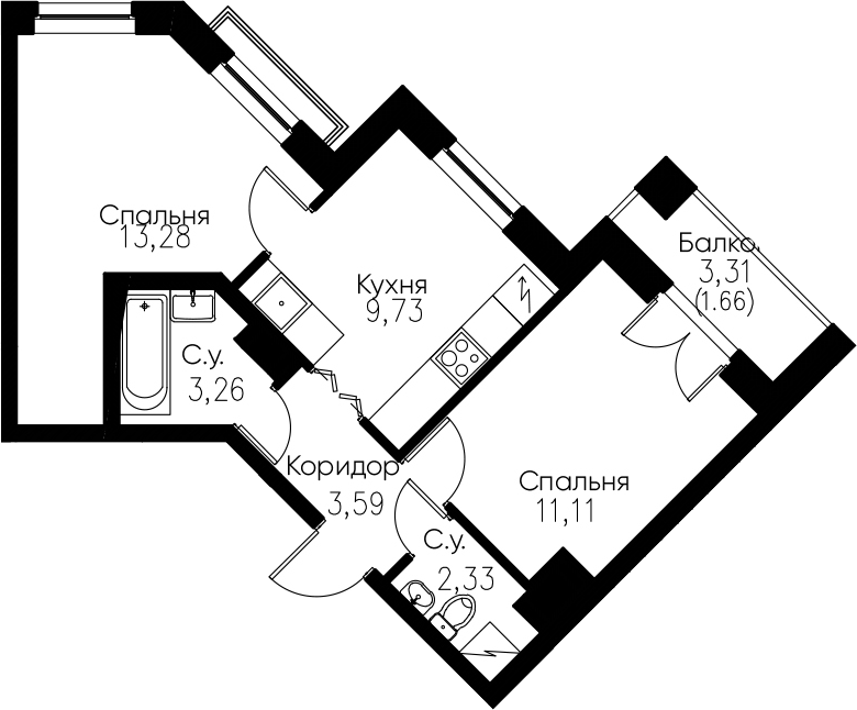 2-комнатная 46 м<sup>2</sup> на 5 этаже 2-комнатная 46 м<sup>2</sup> на 5 этаже