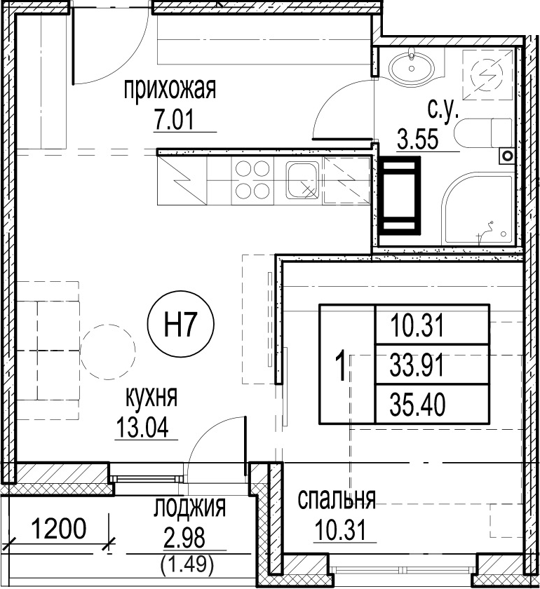 1-комнатная 36 м<sup>2</sup> на 3 этаже 1-комнатная 36 м<sup>2</sup> на 3 этаже
