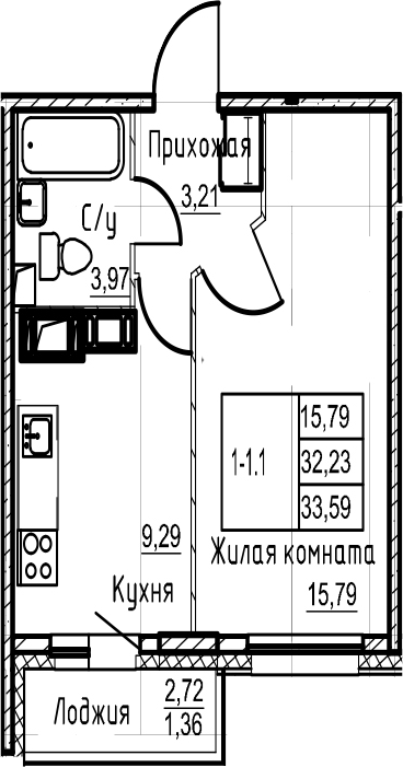 1-комнатная 34 м<sup>2</sup> на 20 этаже 1-комнатная 34 м<sup>2</sup> на 20 этаже