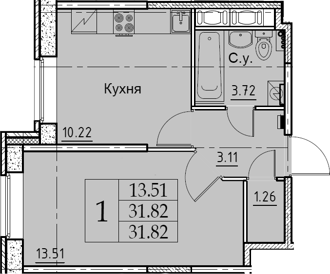 1-комнатная 31 м<sup>2</sup> на 1 этаже 1-комнатная 31 м<sup>2</sup> на 1 этаже