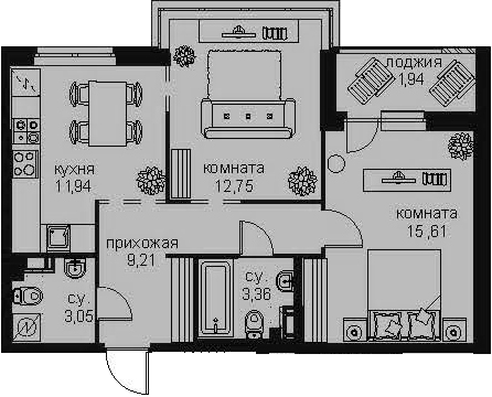 2-комнатная 59 м<sup>2</sup> на 3 этаже 2-комнатная 59 м<sup>2</sup> на 3 этаже