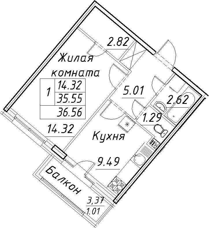 1-комнатная 38 м<sup>2</sup> на 2 этаже 1-комнатная 38 м<sup>2</sup> на 2 этаже