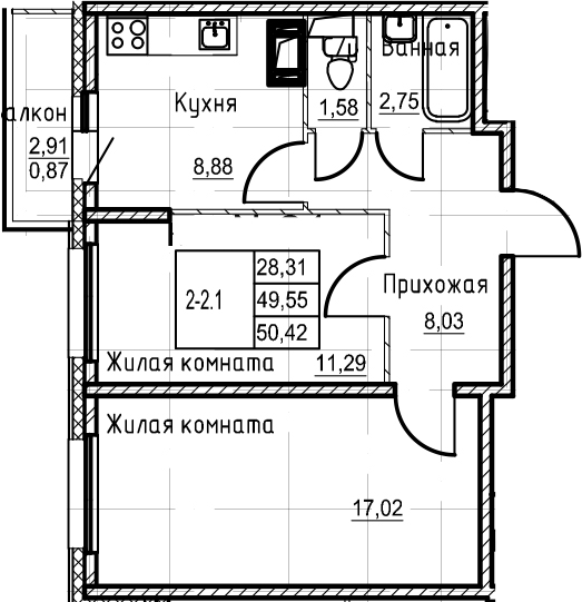 2-комнатная 52 м<sup>2</sup> на 3 этаже 2-комнатная 52 м<sup>2</sup> на 3 этаже
