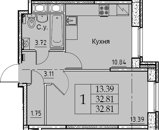 1-комнатная 32 м<sup>2</sup> на 2 этаже 1-комнатная 32 м<sup>2</sup> на 2 этаже