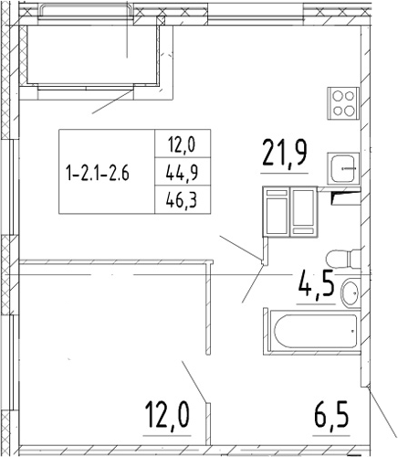 2-комнатная 47 м<sup>2</sup> на 3 этаже 2-комнатная 47 м<sup>2</sup> на 3 этаже