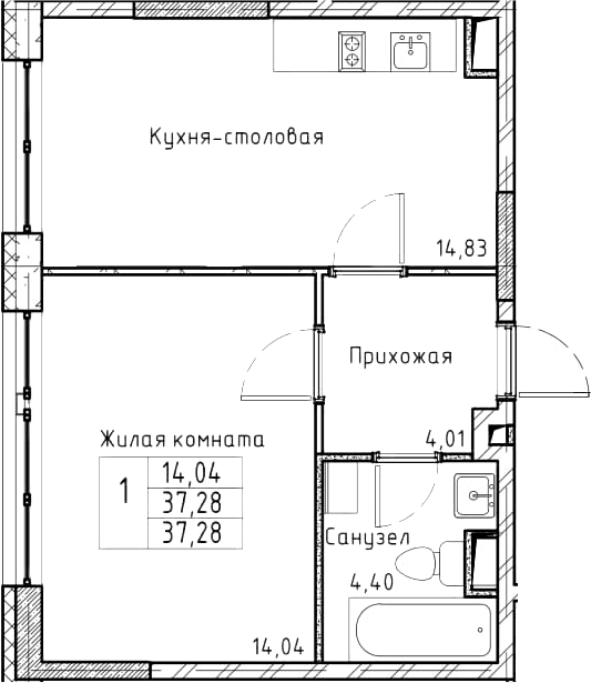 1-комнатная 37 м<sup>2</sup> на 2 этаже 1-комнатная 37 м<sup>2</sup> на 2 этаже