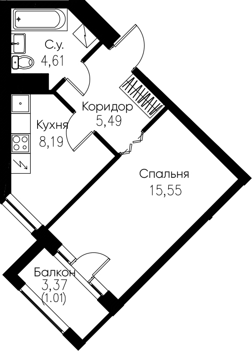 1-комнатная 37 м<sup>2</sup> на 6 этаже 1-комнатная 37 м<sup>2</sup> на 6 этаже