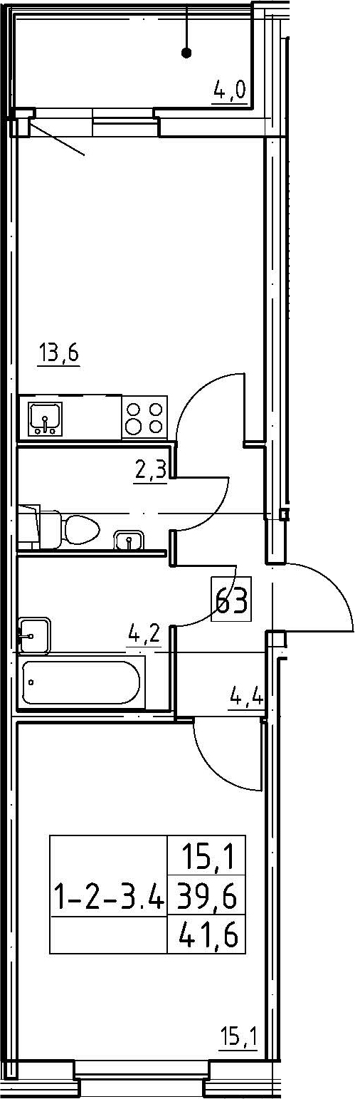 1-комнатная 43 м<sup>2</sup> на 1 этаже 1-комнатная 43 м<sup>2</sup> на 1 этаже