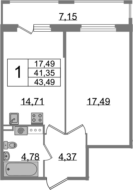 1-комнатная 48 м<sup>2</sup> на 5 этаже 1-комнатная 48 м<sup>2</sup> на 5 этаже