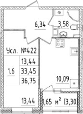 1-комнатная 36 м<sup>2</sup> на 2 этаже 1-комнатная 36 м<sup>2</sup> на 2 этаже