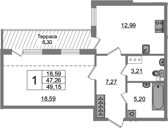 1-комнатная 53 м<sup>2</sup> на 5 этаже 1-комнатная 53 м<sup>2</sup> на 5 этаже