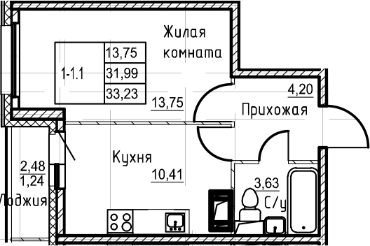 1-комнатная 34 м<sup>2</sup> на 12 этаже 1-комнатная 34 м<sup>2</sup> на 12 этаже