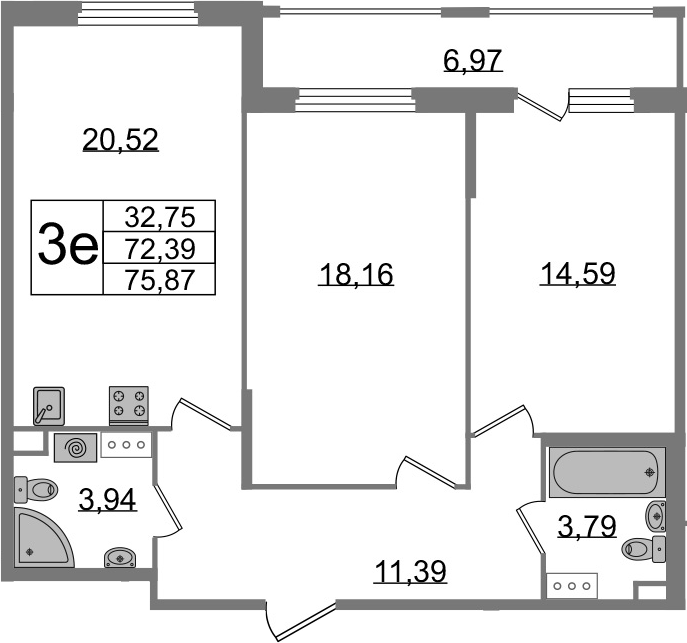 3-комнатная 79 м<sup>2</sup> на 8 этаже 3-комнатная 79 м<sup>2</sup> на 8 этаже