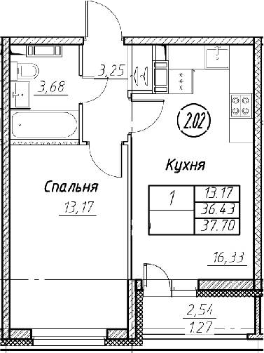 2-комнатная 38 м<sup>2</sup> на 11 этаже 2-комнатная 38 м<sup>2</sup> на 11 этаже