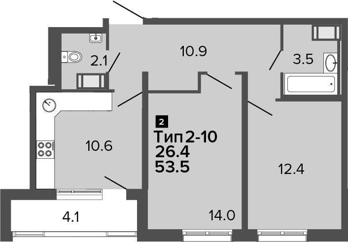 2-комнатная 57 м<sup>2</sup> на 6 этаже 2-комнатная 57 м<sup>2</sup> на 6 этаже